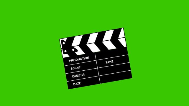 Animated clapper board. Open and closed clapper boards.  Movie making, video production industry equipment. With green screen background.