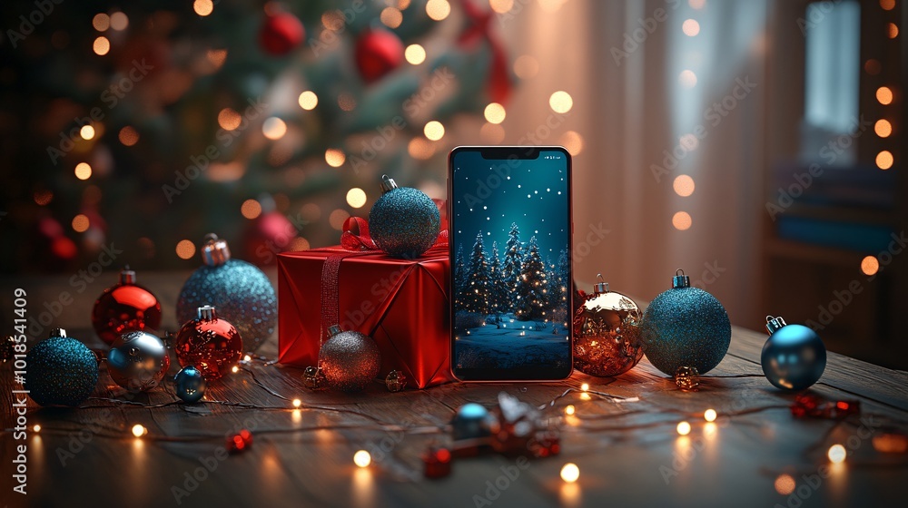 Poster Photorealistic with side space for letters Smartphone mock-up placed on a wooden table surrounded by Christmas ornaments and fairy lights Stock Photo with copy space