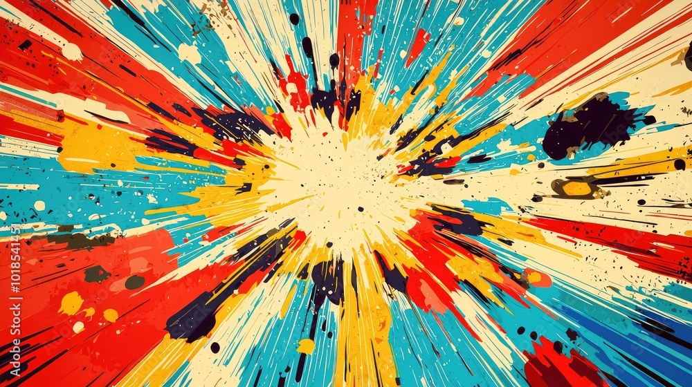 Poster vibrant explosion of color with dynamic splashes creating an energetic and lively abstract artwork, 
