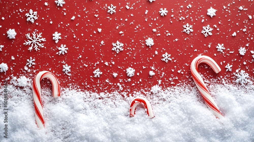 Aufkleber photorealistic with side space for letters holiday card mock-up on a red background with candy canes