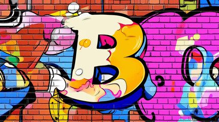 Pop art comic street graffiti with alphabet letter B on colorful brick wall.