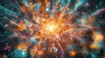 Vibrant explosion of colors and lights, creating a cosmic scene filled with energy and wonder.