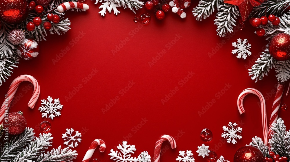 Aufkleber photorealistic with side space for letters holiday card mock-up on a red background with candy canes