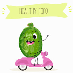 Cute  feijoa characters, funny fruits, different activities. Flat vector illustration. Organic food, healthy food, illustrations for kids menu, invitations.