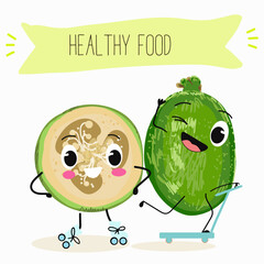 Cute  feijoa characters, funny fruits, different activities. Flat vector illustration. Organic food, healthy food, illustrations for kids menu, invitations.
