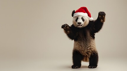 Cheerful Panda Dances in Santa Costume on Cream Background