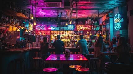 Vibrant nightlife scene featuring neon lights and a lively bar atmosphere. Perfect for capturing the essence of social gatherings.