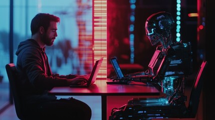 Fototapeta premium Man and robot interacting through digital platforms.
