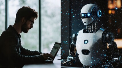 Man and futuristic robot engaged in work activities