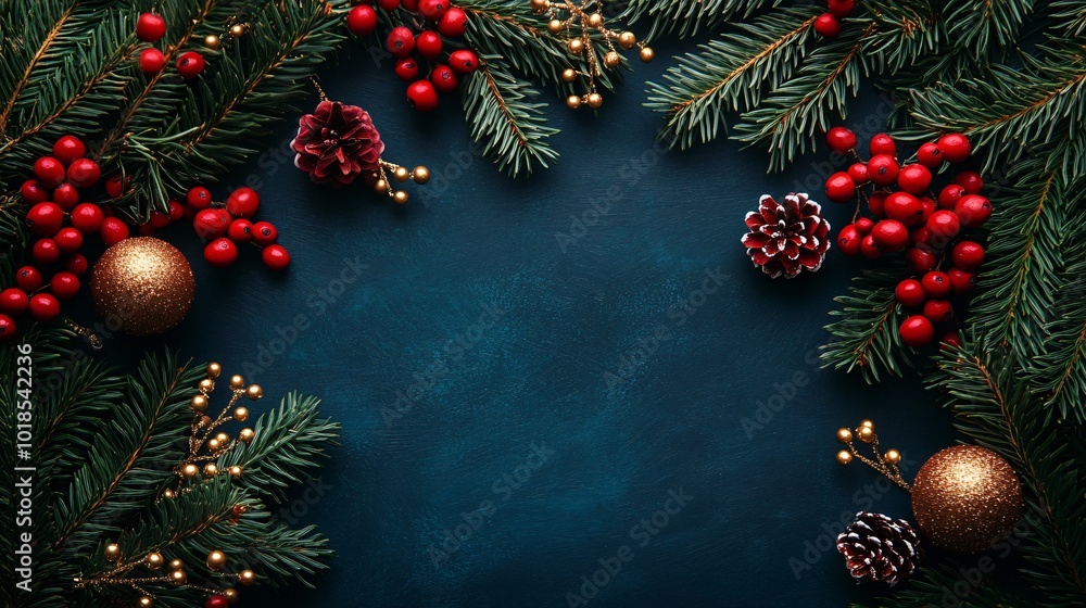 Poster photorealistic with side space for letters blank card mock-up with sprigs of holly and gold tinsel a