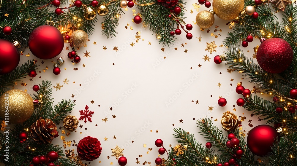 Poster Photorealistic with side space for letters Blank card mock-up with sprigs of holly and gold tinsel arranged in a festive layout Stock Photo with copy space
