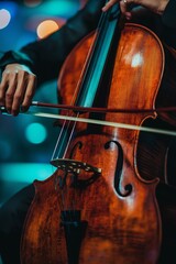 Detailed perspective on a cello, highlighting the strings and bow, demonstrating the intricate...