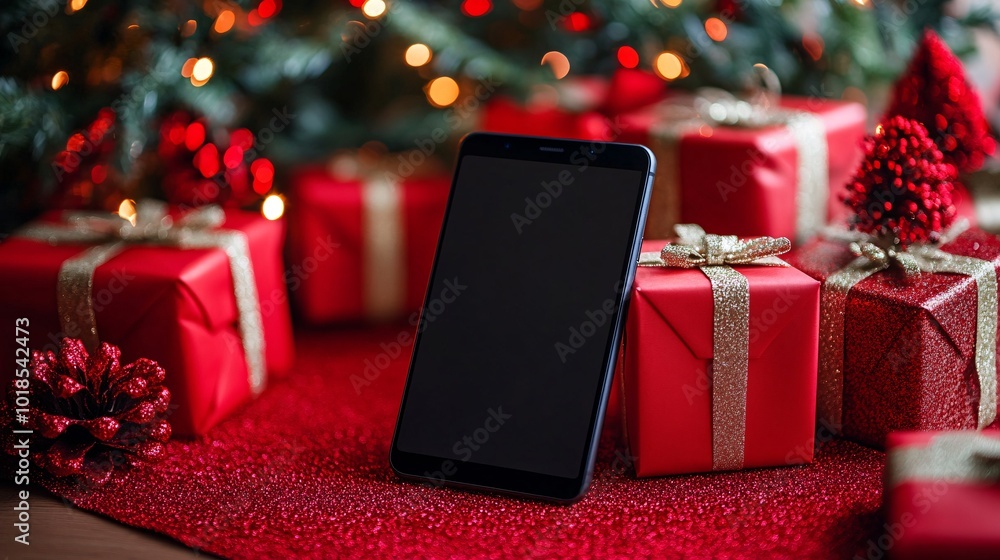 Poster photorealistic with side space for letters holiday-themed smartphone mock-up next to gift boxes wrap