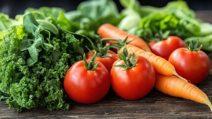 Freshly harvested tomatoes and carrots, arranged beautifully with leafy greens on a rustic wooden table.