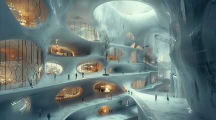 Generate a 3D cross-section view of a futuristic underground city