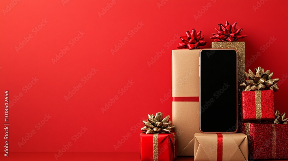 Poster photorealistic with side space for letters holiday-themed smartphone mock-up next to gift boxes wrap