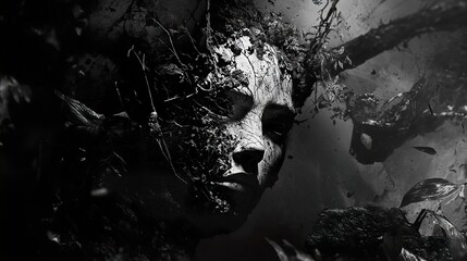 Obraz premium Surreal Black and White Abstract Face with Branches and Leaves