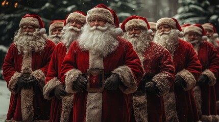 Obraz premium Classic Santa figures gathered in snowy woodland backdrop