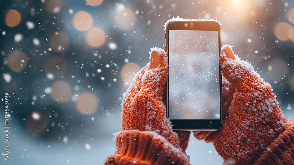 Poster photorealistic with side space for letters smartphone mock-up held by a gloved hand with a snowy bac