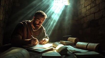 Apostle Paul writing letter in dimly lit prison cell surrounded by scrolls and scripture