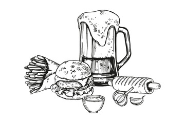 vector illustration of beer snacks, hand drawn composition with glass with beer and foam, hamburger, French fries, hot dog sausage, garlic, sauce, inked sketch for beer restaurant, pub, monochrome