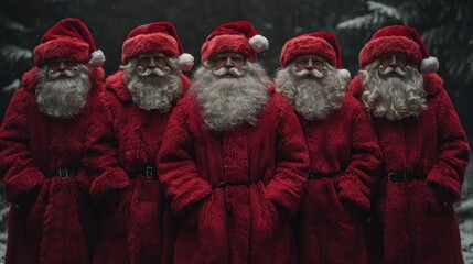 Fototapeta premium Group of five Santas in snowy forest, standing together.