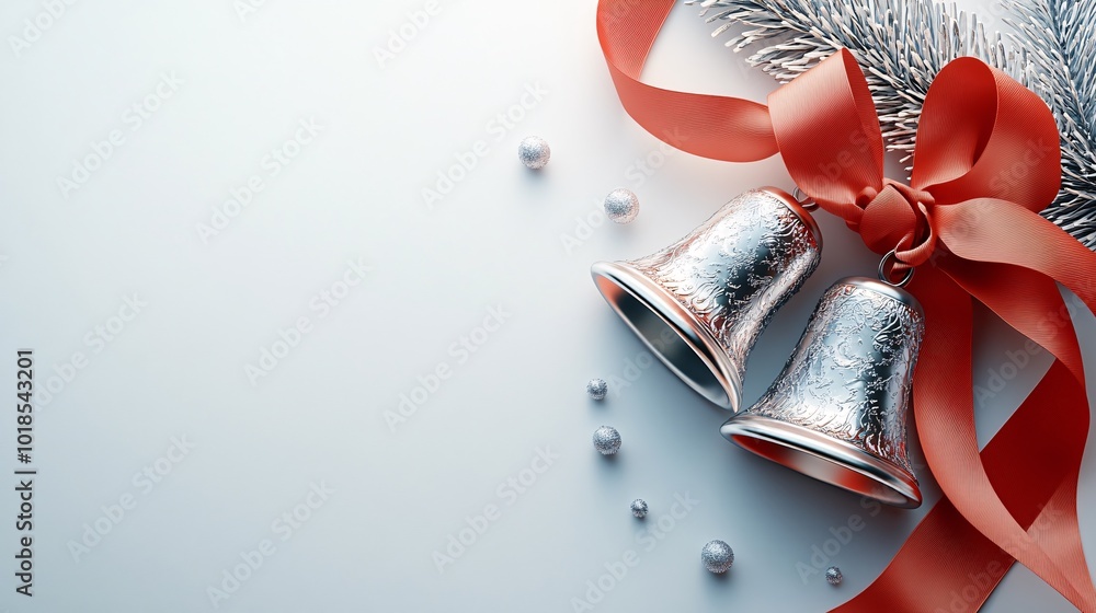 Poster photorealistic with side space for letters christmas card mock-up featuring silver bells and a red r
