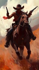 Fototapeta premium Cowboy on Horseback Riding Through the Desert