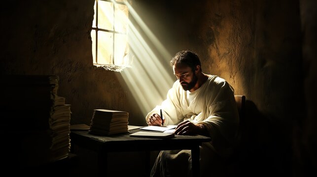 Apostle Paul writing letter in dimly lit prison cell surrounded by scrolls and scripture