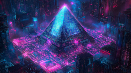 Fototapeta premium Futuristic pyramid structure illuminated by neon lights among a digital cityscape at night