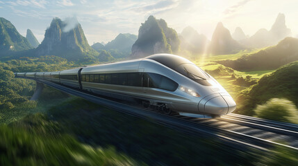 Obraz premium Sleek high-speed train traveling through a lush mountainous landscape at dawn with sunlight illuminating the scenery