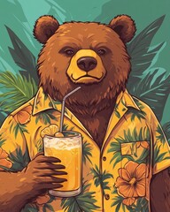 Retro style of a playful bear wearing a tropical shirt and drinking a refreshing lemonade capturing the carefree and joyful spirit of summer vacation and holiday