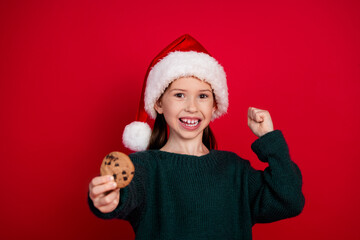 Photo portrait of pretty small girl hold cookie winning wear green christmas outfit theme party on red color background