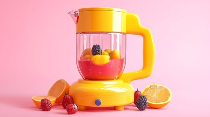 Yellow Blender with Fresh Fruit Smoothie on Pink Background