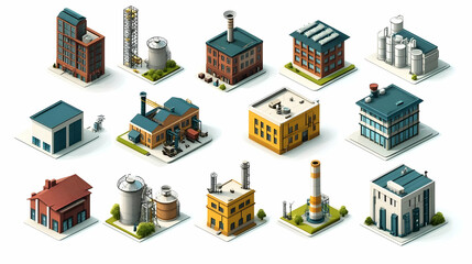 Isometric Industrial Buildings Collection Illustration with Detailed Design on White Background