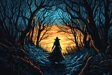 Woman in Forest Sunset.
