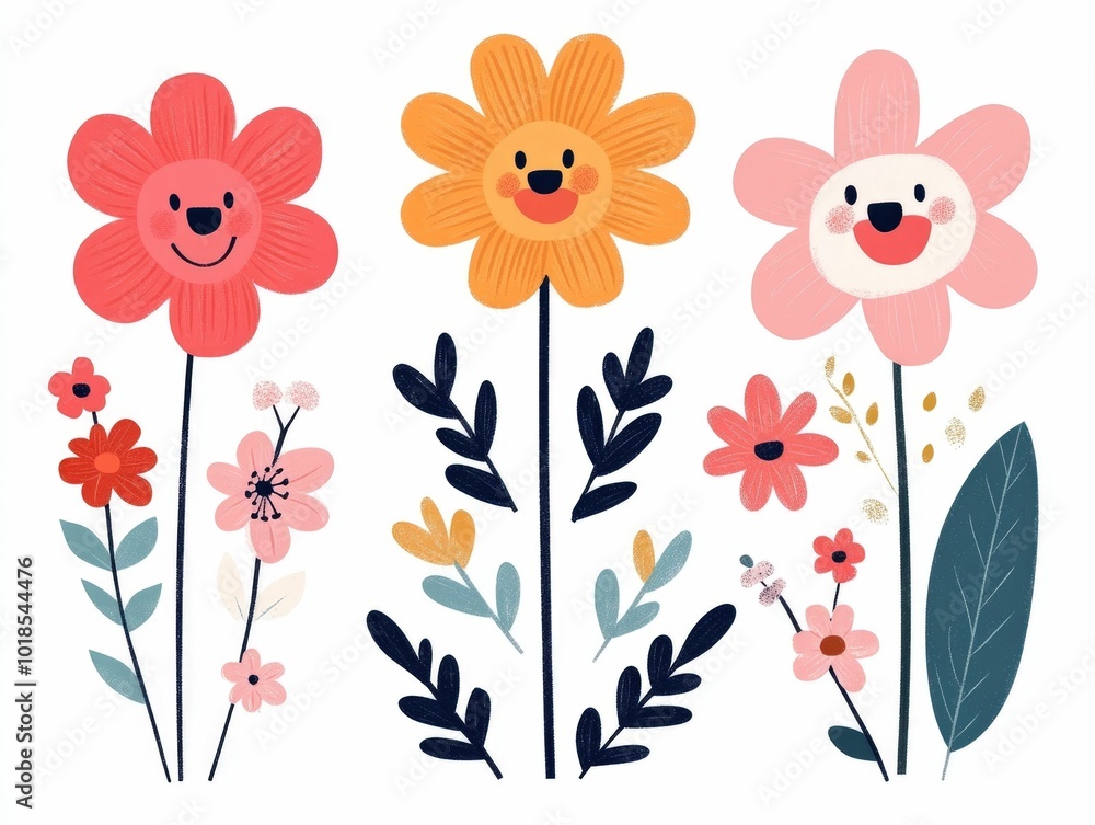 Poster a set of smiling vibrant retro cartoon flowers in various colors and designs creating a playful and 