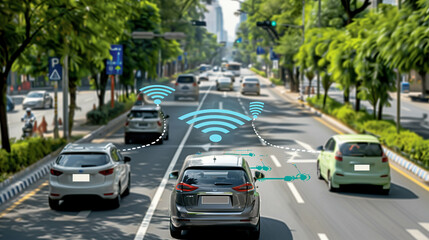 Smart car automatic sensor driving with wireless connection on road in modern city,