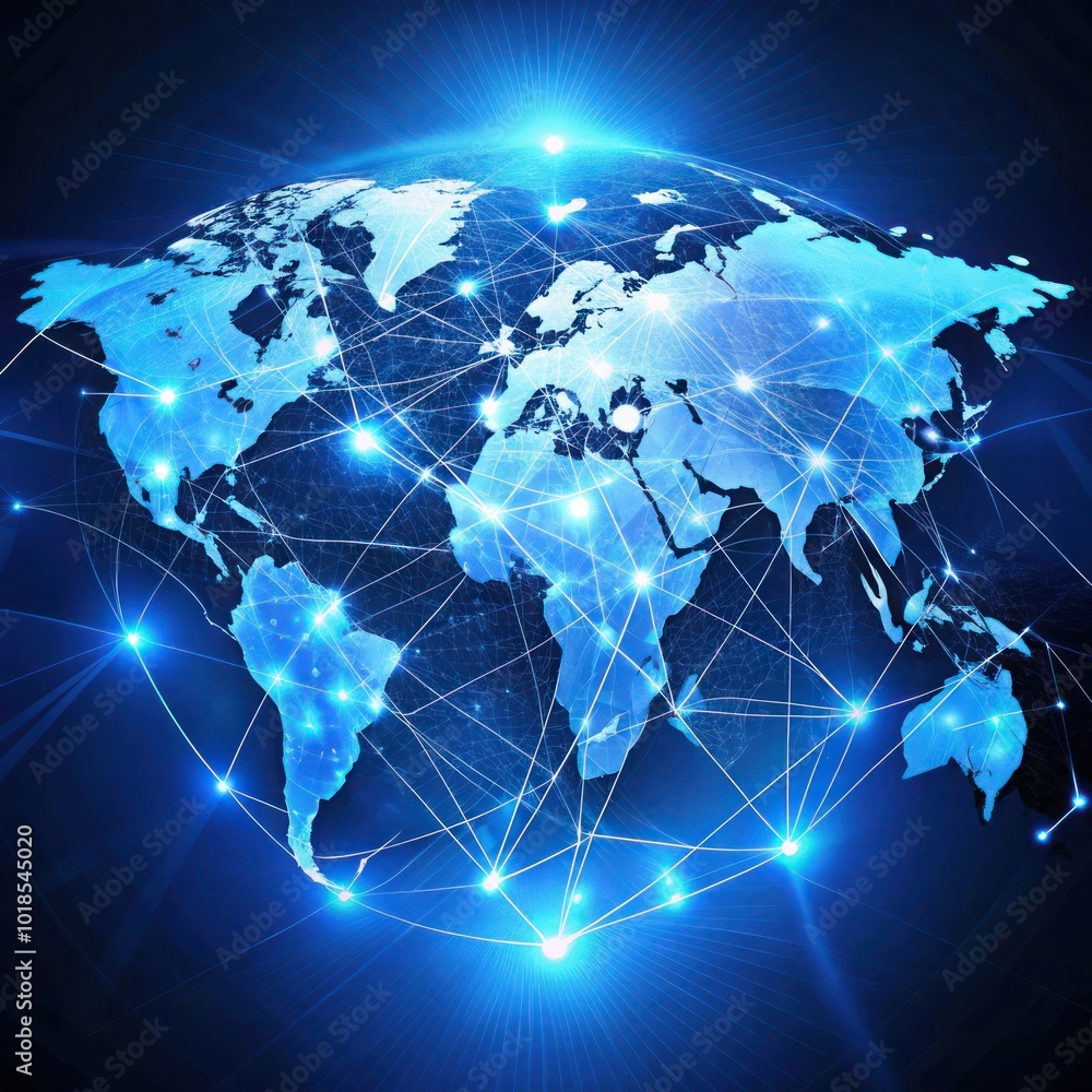 Aufkleber abstract global network concept with a blue glowing world map, data transfer and cyber technology ba