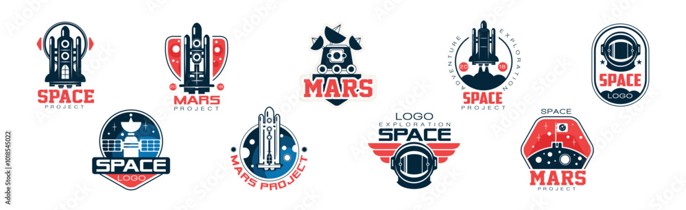 Poster mars and space project label and badge design vector set