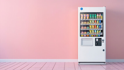 a minimalist and modern-style vending machine set against a pastel pink wall. Small business, self-service vending machines in public places. machine vending at the station