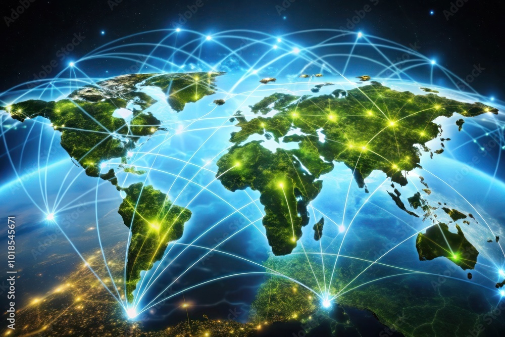 Poster abstract global network concept with a blue glowing world map, data transfer and cyber technology ba