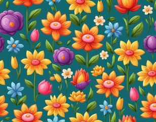 Colorful floral pattern with assorted flowers on a pale background suitable for fabric or wallpaper