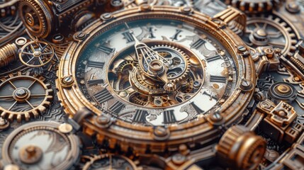 Obraz premium Craft an old engraving style illustration of a steampunk time machine, with intricate details and crosshatching techniques