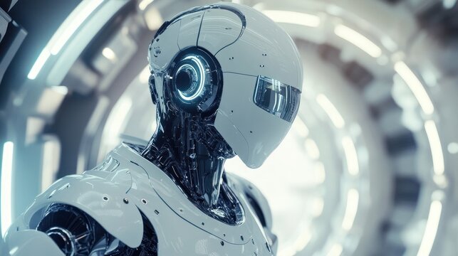 White and silver robot in futuristic environment scene