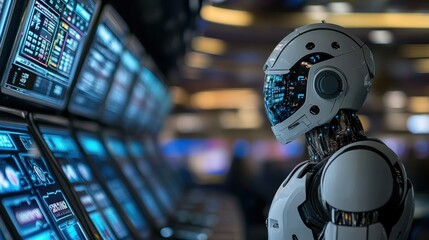 Humanoid robot studying screens in a modern control room.