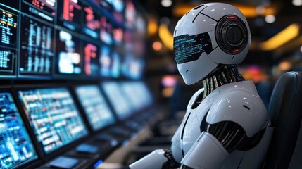 AI robot monitoring screens in control room setup