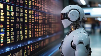 Robot analyzing stock data on digital interface panel