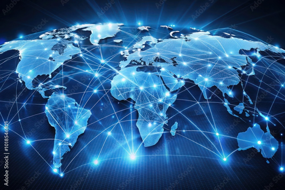 Aufkleber abstract global network concept with a blue glowing world map, data transfer and cyber technology ba