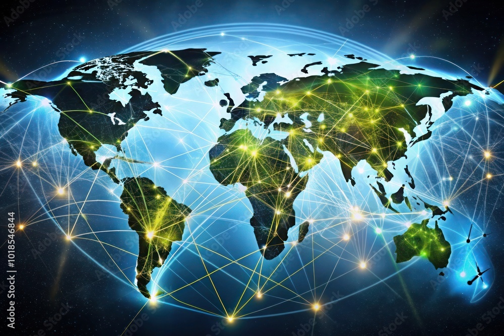 Poster abstract global network concept with a blue glowing world map, data transfer and cyber technology ba